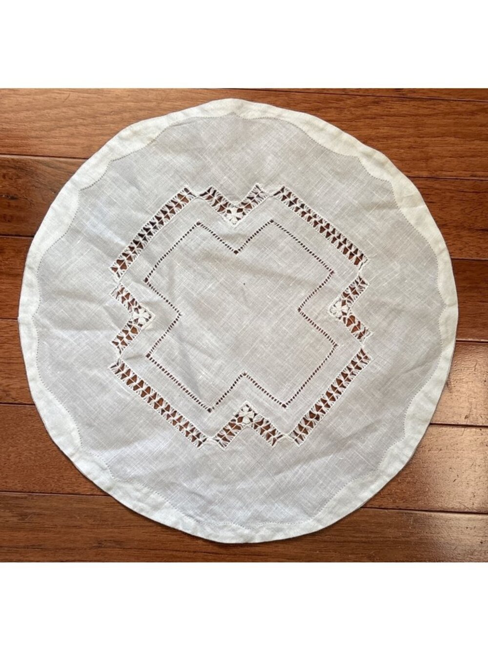 Cream Linen Embroidered Round Doily Geometric Cutwork Pattern 12" Vintage